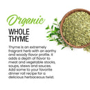 A bowl of The Spice Lab Organic Whole Thyme from The Spice Lab, accompanied by fresh thyme sprigs, is displayed on a white background. Text highlights thyme’s earthy flavor and its popular use in seasoning blends for French, Italian, and Mediterranean cuisine—making it perfect for enhancing stocks, soups, sauces, and dinner rolls.