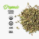 A pile of The Spice Lab Organic Fennel Seeds, certified USDA Organic, Kosher, All Natural, and packed in the USA. Renowned for their mild licorice flavor, these seeds are ideal for cooking and baking. The product name “The Spice Lab Organic Fennel Seeds” appears in green and black lettering on a white background.
