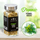 A container of The Spice Lab Organic Fennel Seeds is displayed on a wooden surface, featuring a detailed image of the fennel plant and the green text “Organic Fennel Seeds” alongside it. Ideal for both cooking and baking, these seeds from The Spice Lab add a subtle licorice note to your favorite dishes.