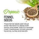 A wooden spoon with The Spice Lab Organic Fennel Seeds beside sliced fennel. Text: The Spice Lab Organic Fennel Seeds. These seeds, known for their mild licorice flavor, are perfect for cooking and baking. Experience their distinct anise-like notes in sausage, meatloaf, sauces, focaccia, curries, and biscotti.
