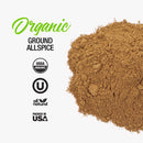 A mound of The Spice Lab Organic Ground Allspice, ideal for homemade BBQ sauces or authentic Jamaican jerk seasoning, is shown along with certification logos for USDA Organic, Kosher, All Natural, and “Packed in USA” text on a clean white background.