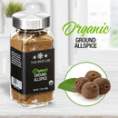 A jar of The Spice Lab Organic Ground Allspice rests next to whole allspice berries and a fresh green leaf, highlighting a key ingredient for authentic Jamaican jerk seasoning or enhancing the flavor of your favorite BBQ sauce. The light, softly blurred background creates a fresh and clean atmosphere.