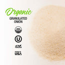 The Spice Lab Organic Granulated Onion is shown against a white background, featuring text and icons for USDA Organic, all-natural, certified kosher, and packed in the USA. This versatile pantry essential from The Spice Lab offers bold onion flavor to enhance a wide range of dishes.