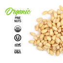 A pile of The Spice Lab Organic Pine Nuts on a white background. Text reads “The Spice Lab Organic Pine Nuts” with USDA Organic, Kosher, All Natural, and Packed in USA certification logos beside the nuts. Perfect as a salad topping or a nutritious baking ingredient.