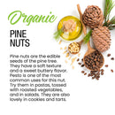 Wooden spoons with The Spice Lab Organic Pine Nuts, pine cones, herbs, and a bowl of oil arranged on a white background. Text highlights the soft texture and buttery flavor of these pine nuts from The Spice Lab, which are perfect as a salad topping or baking ingredient in pesto, pasta dishes, salads, and desserts.