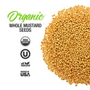 A pile of yellow organic whole mustard seeds with text: The Spice Lab Organic Whole Mustard Seeds, USDA Organic, Kosher, All Natural, and Packed in USA certification icons on a white background—perfect for brining or pickling your favorite recipes from The Spice Lab.
