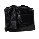 Black soft-sided cooler bag by Bison Coolers, with an American flag patch and bottle opener attached.