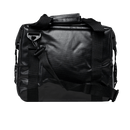 Black soft-sided cooler bag for 12 cans, by Bison, with a textured surface, carrying handles, and a shoulder strap, on a black backdrop.