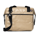Sand cooler bag by Bison Coolers with black straps and a bottle opener detail.