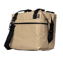 Tan soft-sided cooler bag by Bison Coolers with black straps and a visible American flag label.