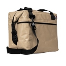 Tan cooler bag by Bison Coolers with black straps and zippers, and a 'Made in USA' tag.