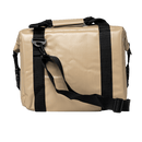 Sand colored, soft-sided cooler bag by Bison, with black straps and handle on a black background.