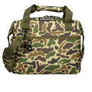 Duck camo soft-sided cooler by Bison Coolers featuring a bottle opener, carry handles, and a shoulder strap.