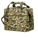 Duck camo soft-sided cooler by Bison, featuring a camouflage pattern, a front zipper pocket, and green straps.