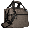 Shale soft-sided cooler by Bison Coolers, featuring black straps and zippers, and a textured pattern.
