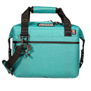 Seafoam soft-sided cooler by Bison Coolers featuring black straps and a logo keychain.