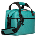 Seafoam soft-sided cooler by Bison Coolers featuring a zippered front pocket and black straps.
