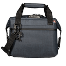 Navy soft-sided cooler by Bison Coolers, featuring a top handle and shoulder strap, with a black decorative keychain.
