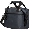 Navy blue 12-can soft-sided cooler by Hayden, featuring a black zipper, black straps, and an American flag tag.