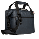 Navy 12-can soft-sided cooler by Bison Coolers with black straps and a zippered outer pocket.