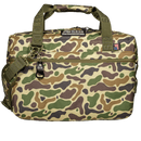 Duck camo soft-sided cooler by Bison with green carrying straps and black bottle opener.