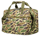 Duck camo soft-sided cooler by Bison with olive green straps and a bottle opener keychain.