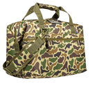 Duck camo soft-sided cooler by Bison featuring olive green straps and a front pocket.