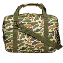 Duck camouflage soft-sided cooler by Bison Coolers featuring green webbing straps.