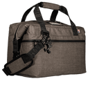 Gray 24-can soft-sided cooler by Bison Coolers, featuring black straps and a bison logo key chain.