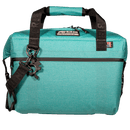 Seafoam soft-sided cooler by Bison Coolers with black straps and zipper detail.