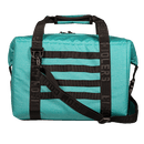 Seafoam soft-sided cooler by Bison Coolers with black straps and zippers.
