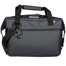 Navy soft-sided cooler by Bison Coolers featuring black straps and bison silhouette bag charm.