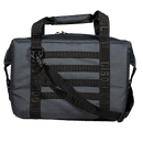 Navy soft-sided cooler by Bison Coolers with black straps and multiple rows of horizontal webbing.