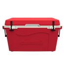 A Taiga Coolers 55 Quart CaseIH in red with a white lid, black handles, and black latches, shown from the front against a plain white background.