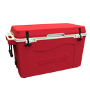 The Taiga Coolers 55 Quart CaseIH features a red body, hinged lid, black handles, white latches, and the brand embossed on the front—all set against a white background.