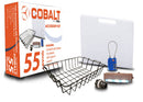 Blue Coolers 55 Quart Accessory Kit With Divider Light Lock, including a rectangular wire basket, a white divider board, a blue combination lock, an LED cooler light, and a drain cap, displayed next to its product packaging.