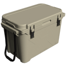 Sand-colored 55-quart Bison cooler with black metal handles and a measuring ruler on top.