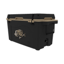 The Taiga Coolers 55 Quart Black and Tan Cooler by Taiga Coolers features sturdy handles, front drain plug, heavy-duty ice retention, and a stylized fish skeleton graphic.