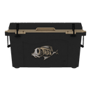 The Taiga Coolers 55 Quart Black and Tan Cooler features durable tan latches and handles, a fish logo, and TAIGA branding—offering heavy-duty ice retention for your adventures.