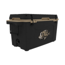 The Taiga Coolers 55 Quart Black and Tan Cooler by Taiga Coolers features a fish logo, heavy-duty ice retention, sturdy latches, and handles, shown on a plain white background.