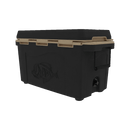 The Taiga Coolers 55 Quart Black and Tan Cooler features a large embossed fish design, heavy-duty handles, superior ice retention, a drain plug, and a secure lid.