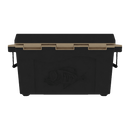 The Taiga Coolers 55 Quart Black and Tan Cooler features a black body, tan lid, fish design embossing, black side handles, and heavy-duty ice retention.
