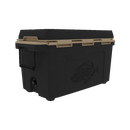 The Taiga Coolers 55 Quart Black and Tan Cooler features a handle, fish engraving, drain spout, and heavy-duty ice retention by Taiga Coolers, shown on a plain white background.