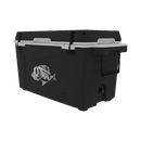 The Taiga Coolers 55 Quart Black Cooler features a white fish skeleton design, white lid trim, and black handle—ideal as an insulated cooler for any adventure.