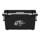 The Taiga Coolers 55 Quart Black Cooler features white latches and handles, a stylized fish logo, and the word “Taiga” on the front, reflecting the quality of Taiga Coolers.