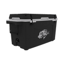 Taiga Coolers 55 Quart Black Cooler by Taiga Coolers features a white fish logo, white latches, and a handle on one end, shown against a plain white background.