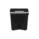 A front view of the Taiga Coolers 55 Quart Black Cooler, showcasing its silver latch and handle against a plain white background.