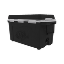 The Taiga Coolers 55 Quart Black Cooler features a white lid, side handles, and an embossed fish design, shown against a plain white background.