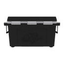 The Taiga Coolers 55 Quart Black Cooler from Taiga Coolers features a hard-sided, insulated black design with a silver latch, side handles, and an embossed fish on the front panel.