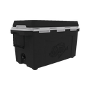 The Taiga Coolers 55 Quart Black Cooler features a black and gray rectangular design with a fish graphic, white latches, left-side handle, and bottom drainage spout.